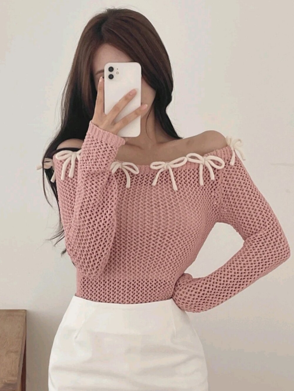 Women's Bow Contrast Color Fitted Square Neck Long Sleeve Hollow - Picture 8 of 8